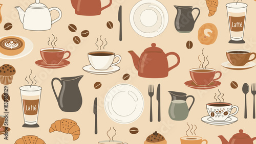Coffee and tea time pattern with cups, teapots, croissants, and coffee beans on beige background