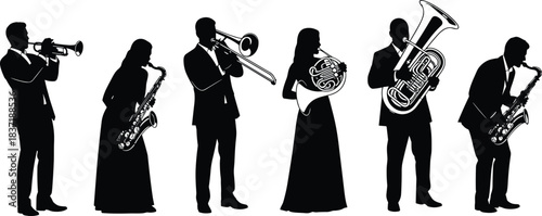 Black Silhouette Vector Illustration of a Brass and Wind Orchestra or Jazz Band, Featuring Musicians Playing Trumpet, Saxophone, Trombone, French Horn, and Tuba, Music Concert Template.