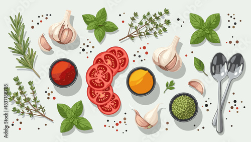 Assortment of fresh herbs, spices, garlic, and sliced tomatoes for cooking