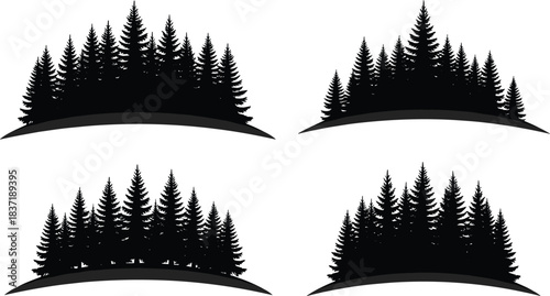Conifer tree silhouette, forest cluster, black vector art, nature landscape, pine trees, hill base, outdoor scene, woodland design, evergreen foliage