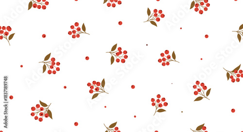 Simple and elegant seamless pattern of red rowanberry clusters with autumn leaves scattered across a clean white background.