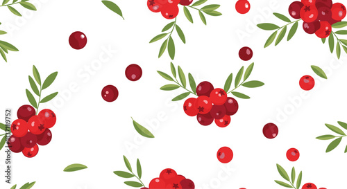 Bright seamless pattern featuring clusters of fresh red cranberries with delicate green leaves scattered on a crisp white background.