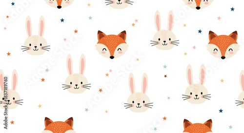Adorable seamless nursery pattern with cute smiling fox and bunny faces surrounded by tiny colorful stars on a white background.