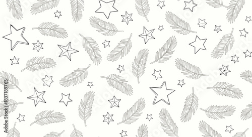 Minimalist seamless pattern featuring hand-drawn sketch-style feathers and stars in black on a clean, light-colored background.