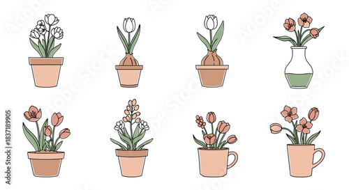 Elegant collection of spring flowers like tulips and hyacinths in various pots, vases, and mugs in a muted color palette.