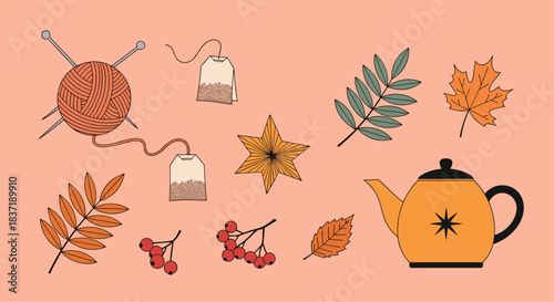 A cozy collection of autumn-themed illustrations, including a ball of yarn, a warm teapot, tea bags, and colorful fall leaves.