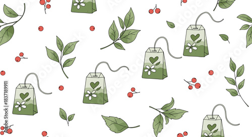 Charming seamless pattern with cute green tea bags, fresh leaves, and little red berries scattered on a white background.