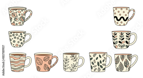 A charming frame or border made from a collection of hand-drawn coffee and tea mugs with various decorative patterns.