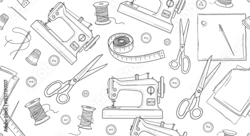 Black and white seamless pattern featuring hand-drawn sewing supplies like machines, scissors, thread, and buttons for a tailoring theme.