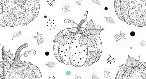 Intricate black and white seamless coloring pattern with highly detailed zentangle pumpkins and delicate falling autumn leaves.