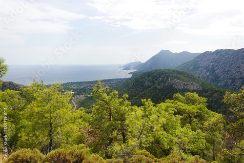 Fototapeta Naklejka Na Ścianę i Meble -  The view opening from Lykian path near Yanartas to Cirali beach, Antalya region, Turkey