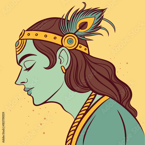 Stylized portrait of a mythological figure with green skin, peacock feather headband, and traditional golden attire on a light yellow background. Cultural and artistic theme.