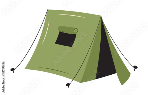 Flat vector illustration of a green camping tent with an open side window in a simple, minimalist style.