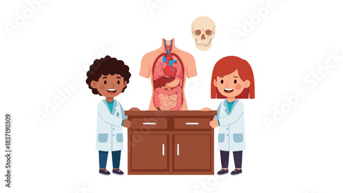 Two Diverse Children In Lab Coats Stand Next To A Anatomical Model Of A Torso Displaying Organs And A Skull Above On A Dark Background With A Wooden Cabinet
