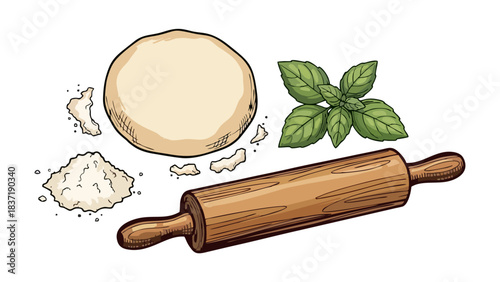 Homemade Pizza Dough Ingredients Flour Basil and Rolling Pin for Authentic Italian Pizza Making