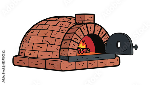 Hand Drawn Illustration of a Fired Up Brick Pizza Oven with Open Door Ready to Bake Delicious Food
