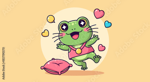 Cartoon frog illustration with hearts and a pillow on a light background