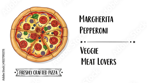 Hand Drawn Illustration of a Delicious Pepperoni Pizza with Menu Options Perfect for Food Businesses