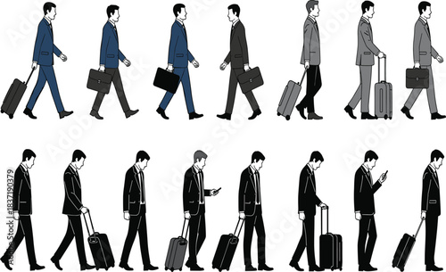 Vector Silhouettes of Businessmen Walking and Traveling with Briefcases and Roller Luggage, Representing Corporate Mobility and Professionalism.