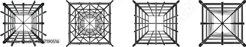 Construction Framework Silhouette. A series of abstract black line patterns resembling geometric structures, showcasing different perspectives and intricate designs.