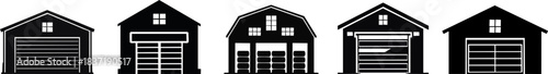 Basic Building Structure Silhouette. A collection of five stylized garage illustrations, each featuring different designs and door styles, presented in a monochromatic theme.