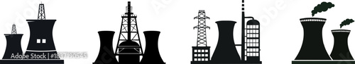 Industrial Structure Silhouette. A silhouette illustration of industrial structures, including cooling towers and oil rigs, representing energy production and environmental concerns.