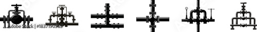 Civil Engineering Structure Silhouette. A series of black silhouette illustrations showcasing various industrial valves and fittings commonly used in piping systems.