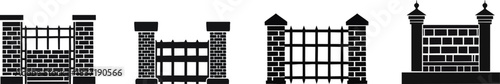 Security and Protection Structure Silhouette. A series of stylized, black silhouette illustrations of various types of gates or walls, showcasing different architectural designs.