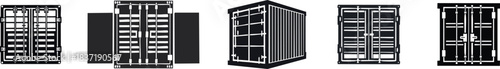 Storage and Utility Structure Silhouette. This image features a series of stylized shipping container designs, showcasing various perspectives and structural details.