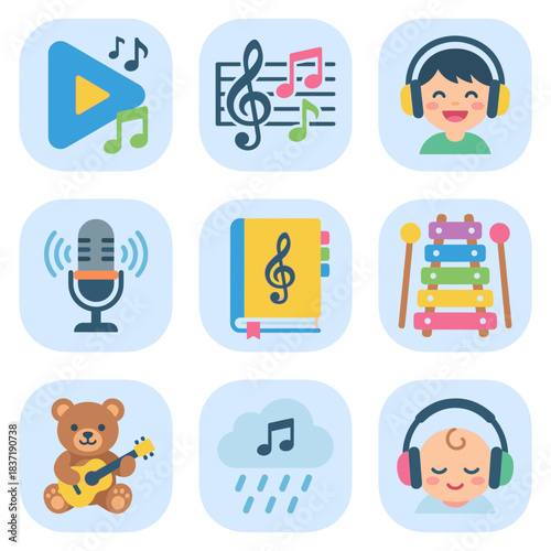 Music education and appreciation flat icons set: musical notes, headphones, microphone, xylophone, teddy bear, and sound recording symbols.