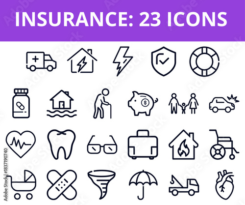 Insurance icons set featuring health, safety, and finance symbols  