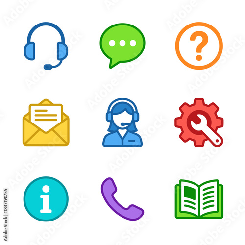 Customer service and support flat icons set: headset, chat, question mark, email, call center, help, information, and user manual symbols.
