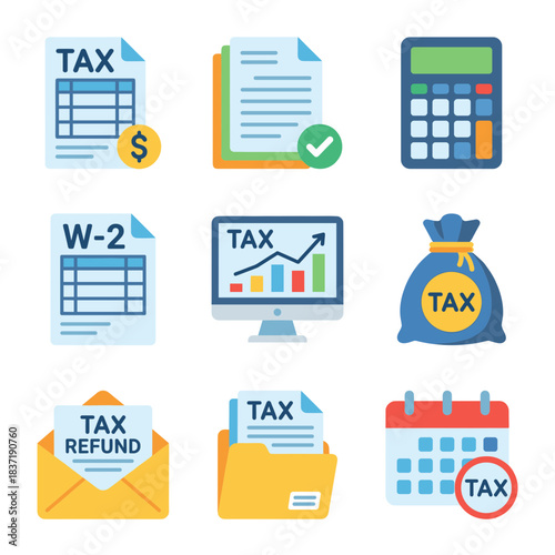 Taxation and financial documents flat icons set: tax forms, refund, W-2, calculator, financial report, and tax calendar concepts on a white background.