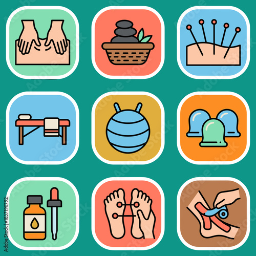 Traditional and alternative medicine flat icons set: massage, acupuncture, cupping, essential oils, and physical therapy illustrations.