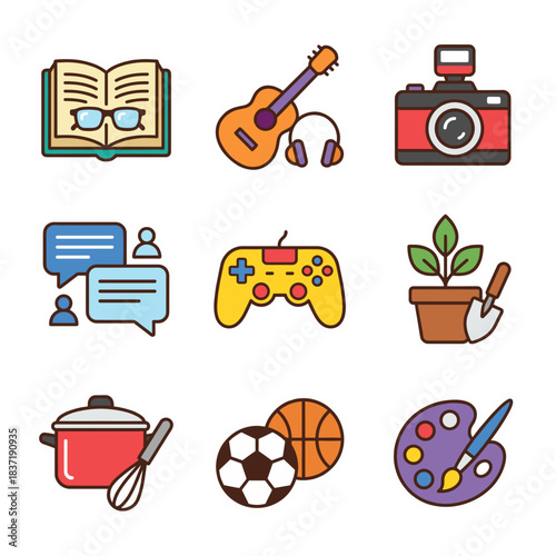 Diverse Hobbies and Leisure Icon Collection: Reading, Music, Photography, Chat, Gaming, Gardening, Cooking, and Sports Vector