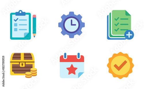 Task Management and Planning Icon Set: Checklist, Time Management, Treasure, Important Date, and Guaranteed Success Badge Vector