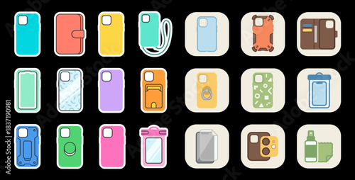 Mobile Phone Case and Accessory Collection: Various Phone Covers, Wallet, Waterproof Pouch, and Screen Cleaning Supplies Vector