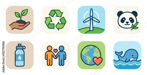 Environmental Protection and Conservation Icon Set: Hand Holding Plant, Recycling, Wind Turbine, Panda, Earth, and Whale Vector