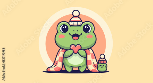 Cartoon frog with heart and blanket on yellow background