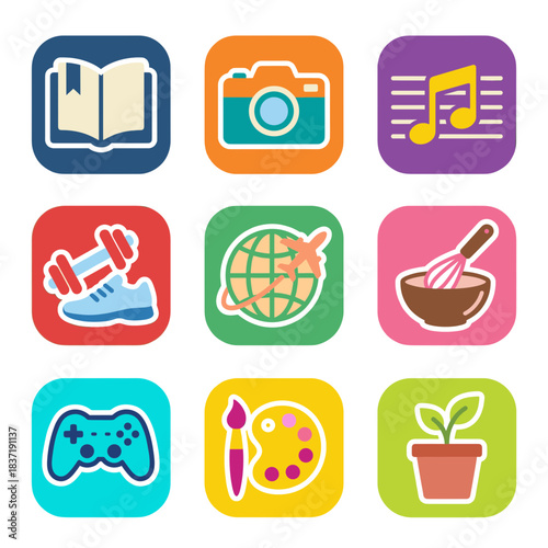 Hobbies and Leisure Activities Flat Vector Icon Set Including Reading Photography Music Fitness Travel Cooking Gaming Art and Gardening Symbols