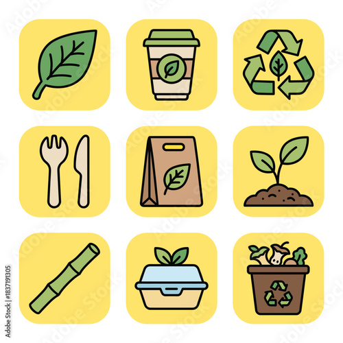 Biodegradable and Sustainable Packaging Vector Icon Set: Eco-Friendly Food Containers and Materials Graphic Elements