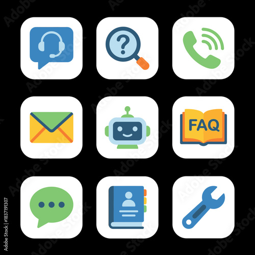 Customer Service and Technical Support Vector Icon Set: Helpdesk, Contact, Robot, FAQ, and Maintenance Graphic Elements