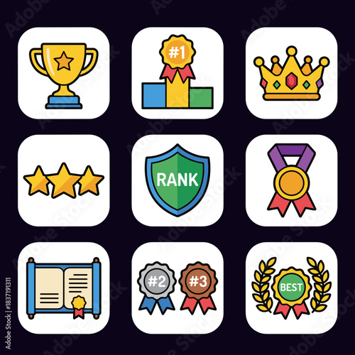 Excellence and Ranking Award Vector Icon Set: Trophy, Medal, Crown, Shield, and Achievement Graphic Elements