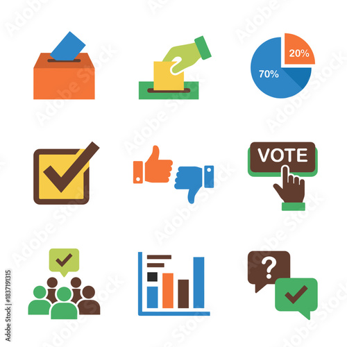 Voting, Poll, and Political Concept Vector Icon Set: Ballot Box, Approval, Chart, and Public Opinion Graphic Elements