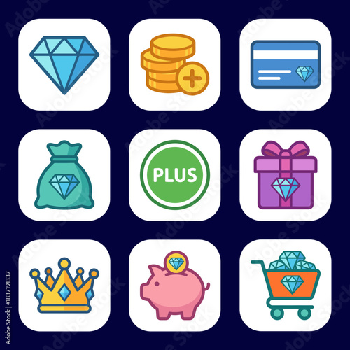 Premium Finance and Loyalty Program Vector Icon Set: Diamond, Money, Gift, Crown, and Exclusive Benefit Graphic Elements