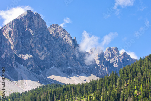 Rocks of the breathtaking Odle Group in the Dolomites in Italy.