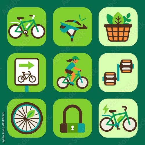 Eco-Friendly Cycling and Transportation Vector Icon Set: Bicycle, Safety Gear, Lock, and Green Travel Graphic Elements