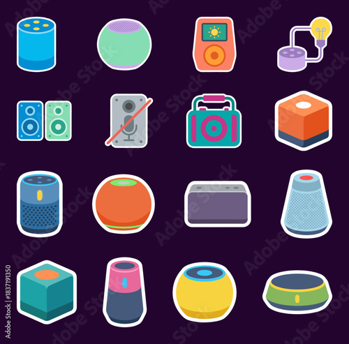 Smart Speaker and Wireless Audio Technology Vector Icon Set: Home Assistant, Music Player, and Digital Device Graphic Elements