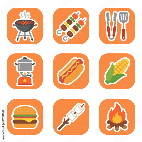 BBQ and Outdoor Grilling Food Vector Icon Set: Grill, Skewers, Hot Dog, Corn, Hamburger, and Bonfire Graphic Elements