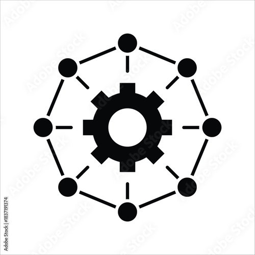 Sleek Vector Icon of a Central Gear Engaged with a Decentralized Network of Connected Nodes, Symbolizing System Integration, Process Management, and Technological Configuration